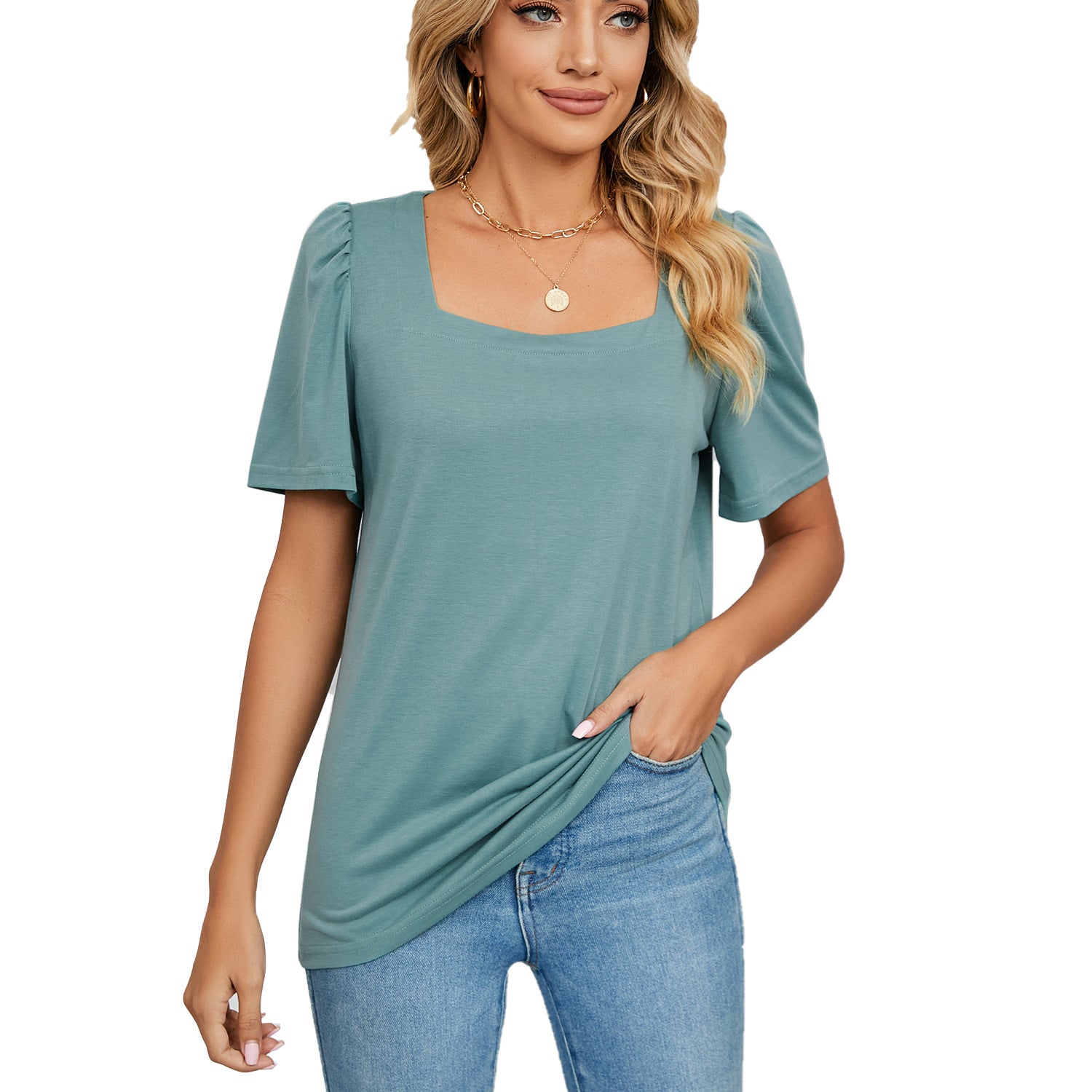 Solid-color Square-neck Short-sleeve Loose-fit T-shirt Knitted Top
