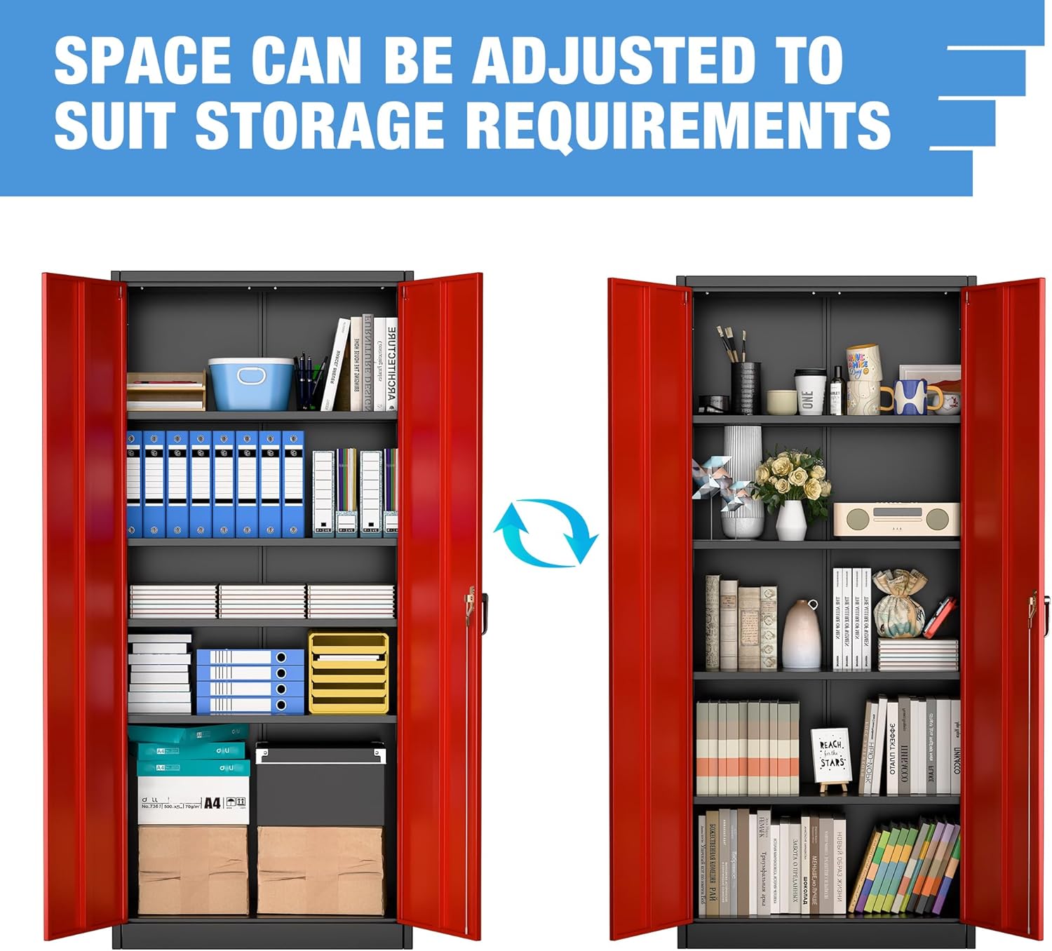 SUPEER Filing Cabinet, Metal Cabinet With 4 Height-Adjustable Shelves, Sheet Steel Powder Coating, Steel Cabinet For Tools, Garage, 180 X 80 X 40 Cm Black Red