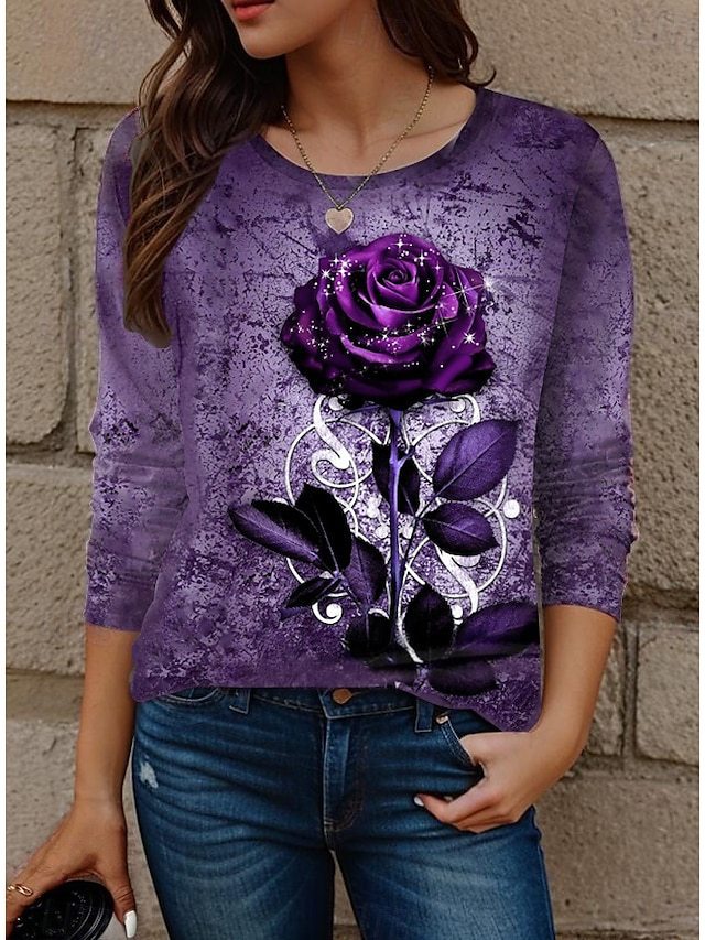 Womens Casual T Shirt With 3D Printed Crew Neck And Long Sleeves