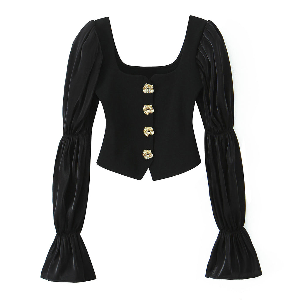 Button Polyester Embellished Stretch Top