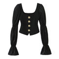 Button Polyester Embellished Stretch Top