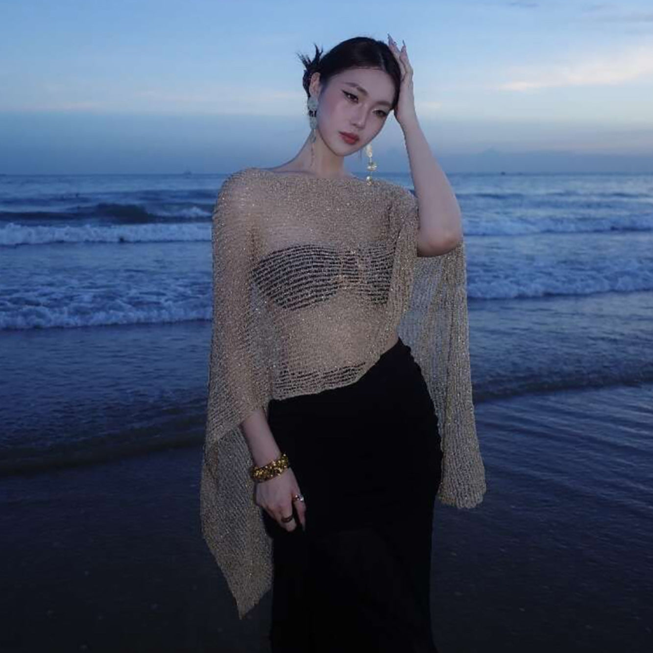 Round Neck Long Sleeve Slim Fit Pencil Skirt