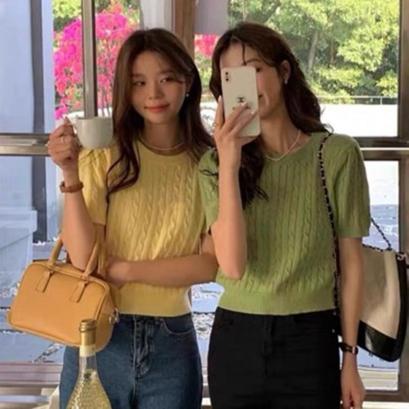 Retro Cable-Knit Crew-Neck Short-Sleeve Knit T-Shirt For Summer
