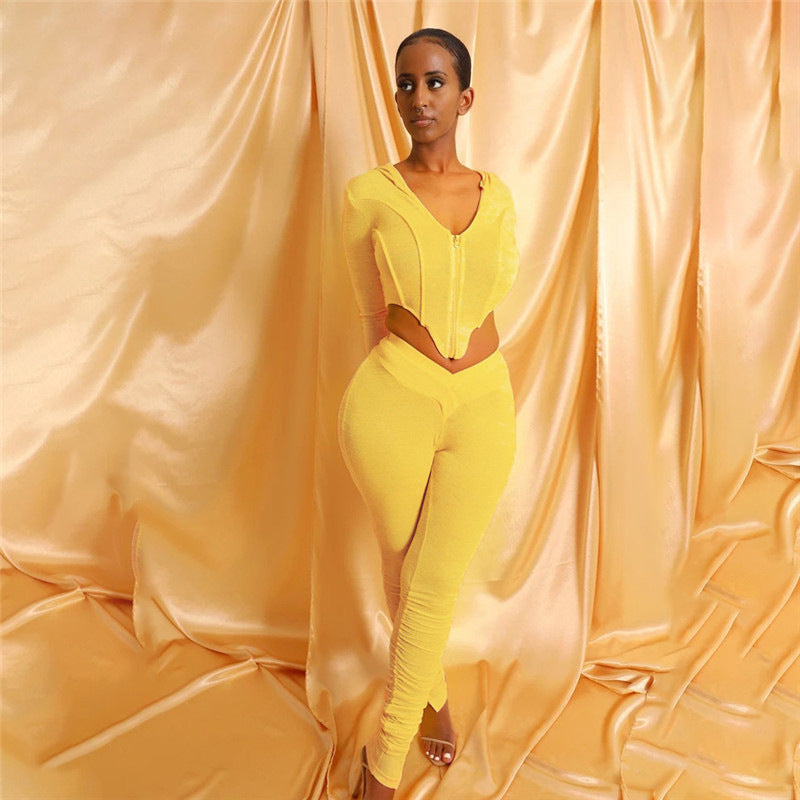 Joskaa à manches longues solide Cardigan à capuche, costume femmes deux-pièces