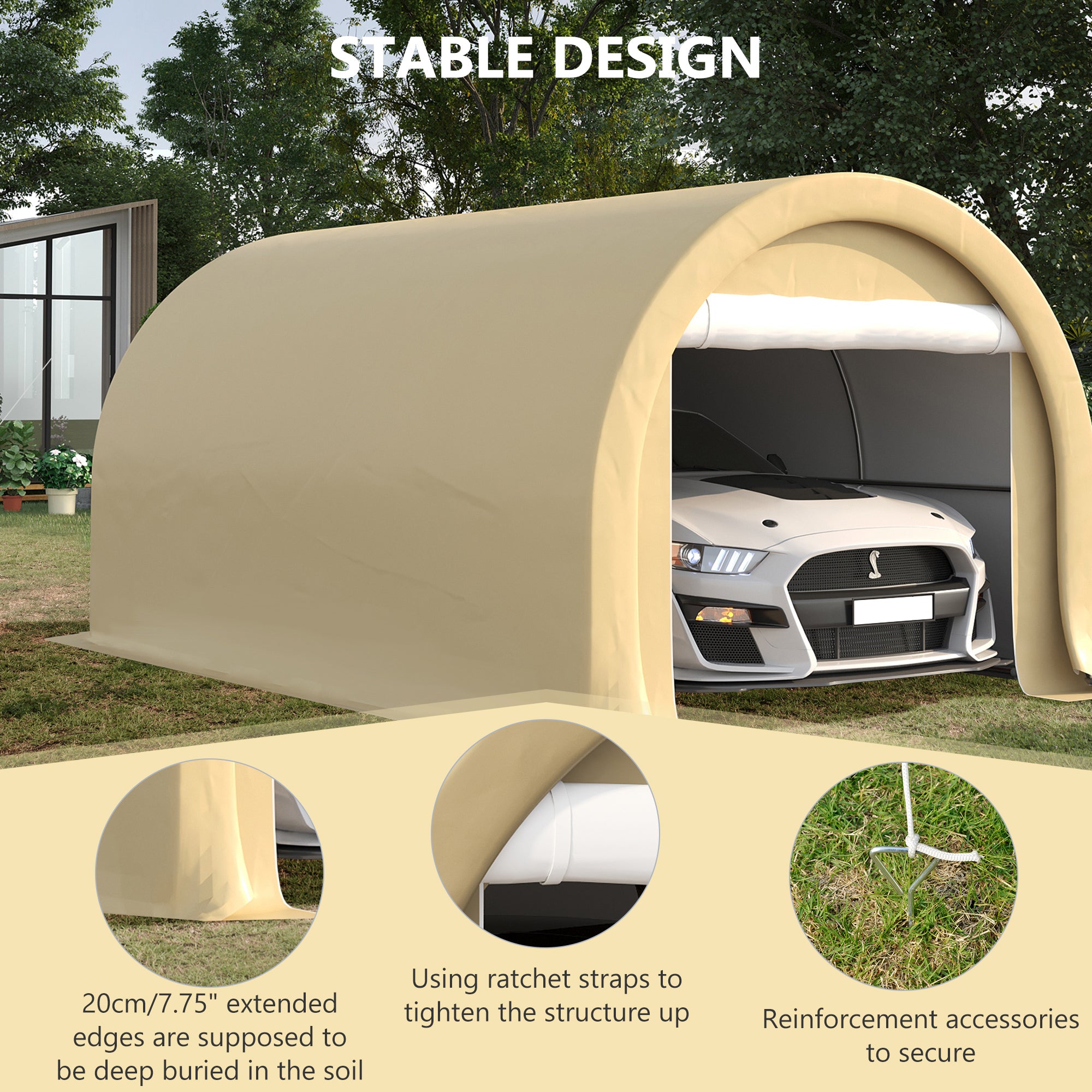 Abri d'Auto 10x16 FT – Garage Portatif Beige Haute Résistance avec Porte à Glissière