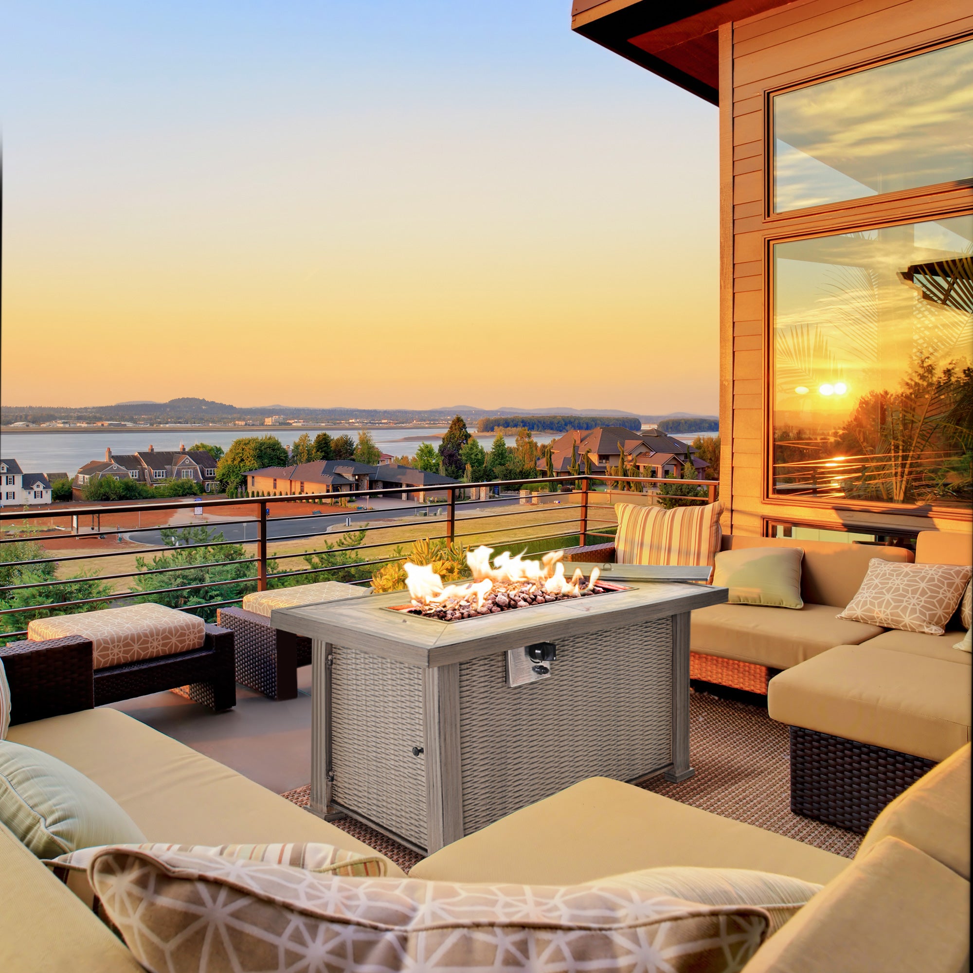 Propane Fire Pit Table, 30,000 BTU, Ceramic Tabletop, Lava Rocks And Rain Cover, CSA Certification, Gray