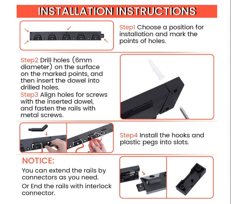 Organisateur d'Outils Mural Robuste en Métal - Support 5 Crochets et Vis Incluses