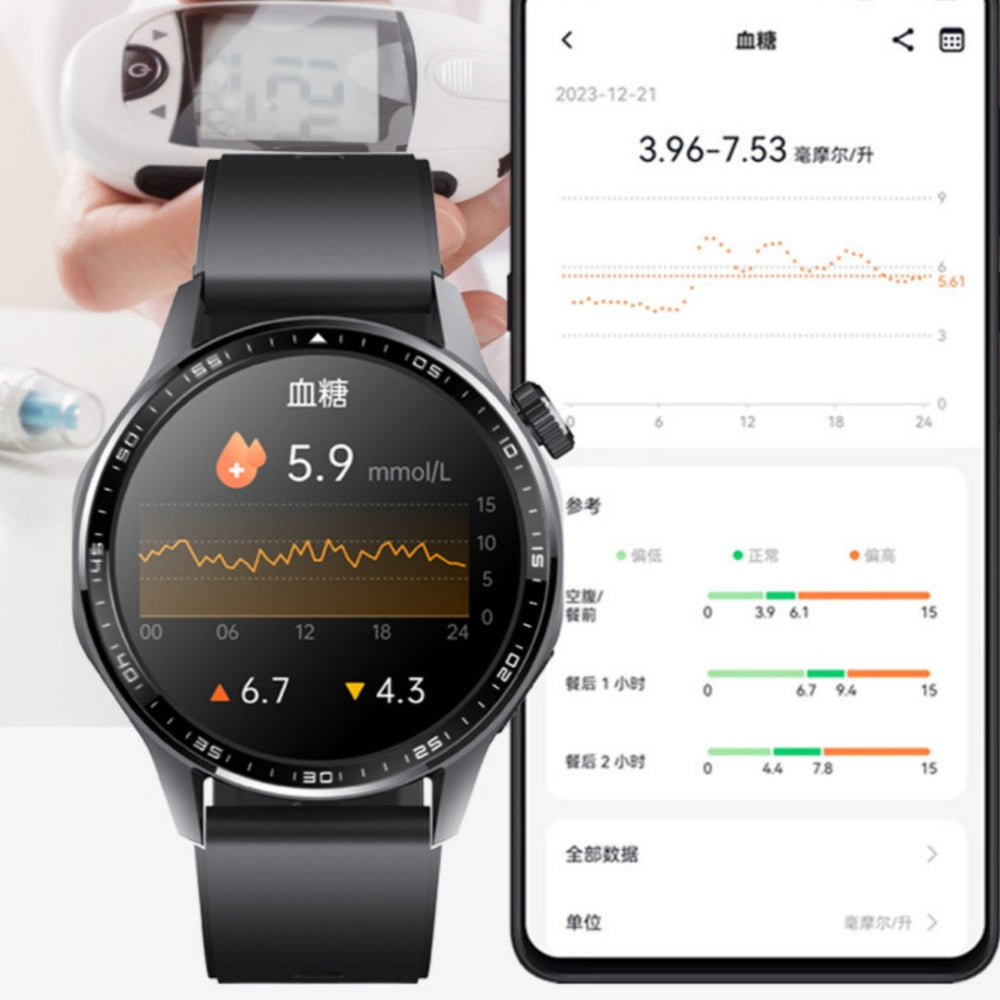 Montre connectée santé F210 avec application mobile H Band affichant les graphiques ECG et la pression artérielle.