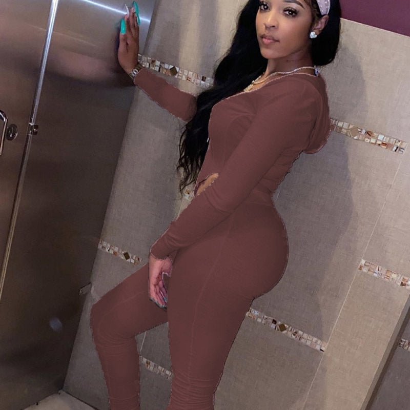 Joskaa à manches longues solide Cardigan à capuche, costume femmes deux-pièces