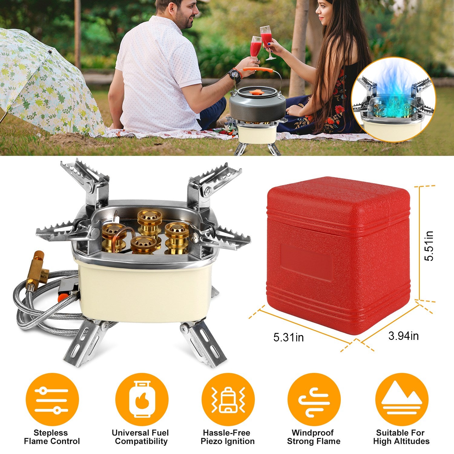 Réchaud de camping portatif coupe-vent à cinq brûleurs à gaz
