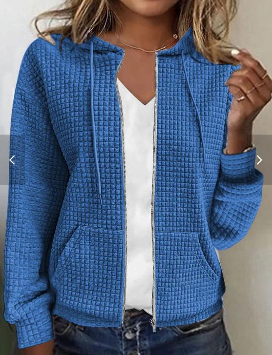 Womens Solid Color Hooded Zip Up Loose Long Sleeve Jacquard Sweatshirt