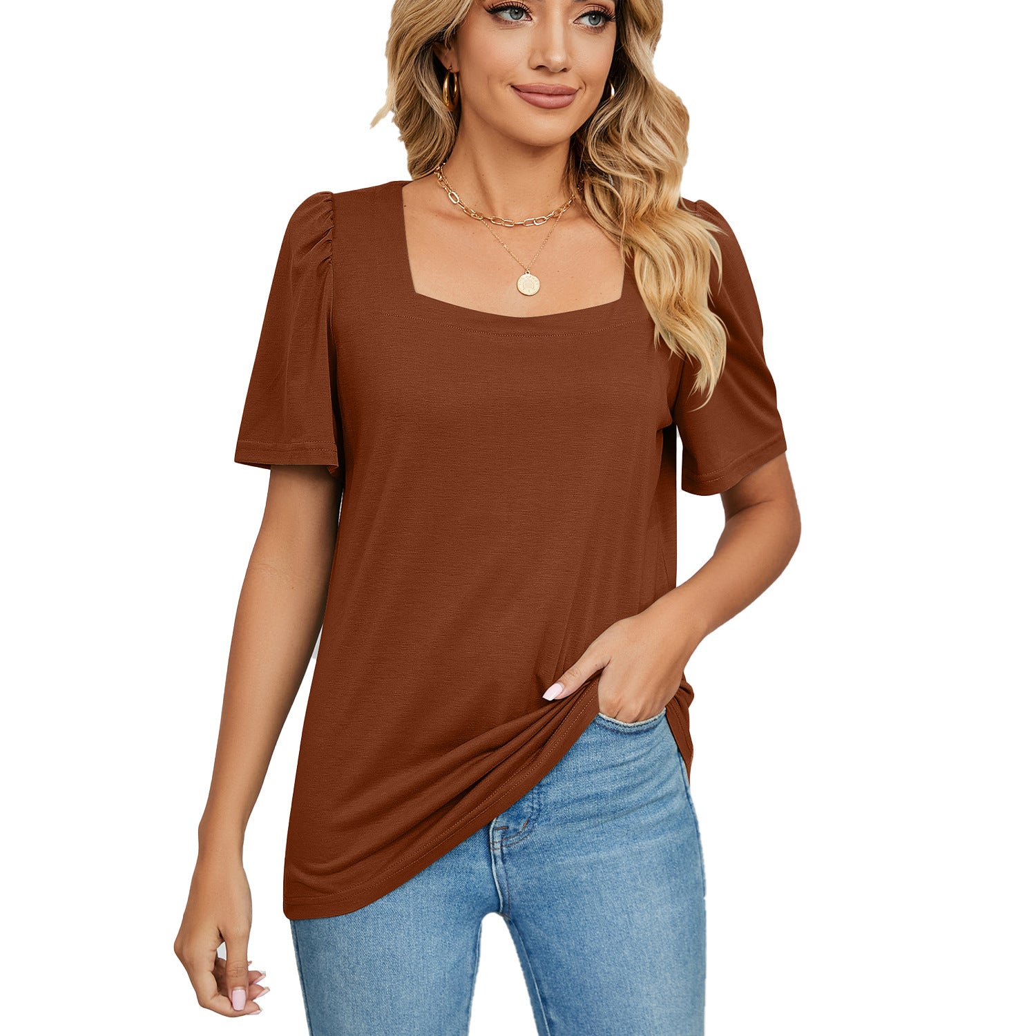 Solid-color Square-neck Short-sleeve Loose-fit T-shirt Knitted Top