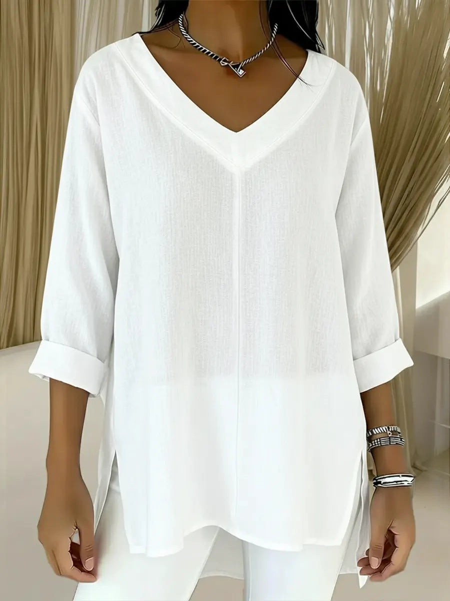 Street-style Solid-color V-neck Loose-fitting Top
