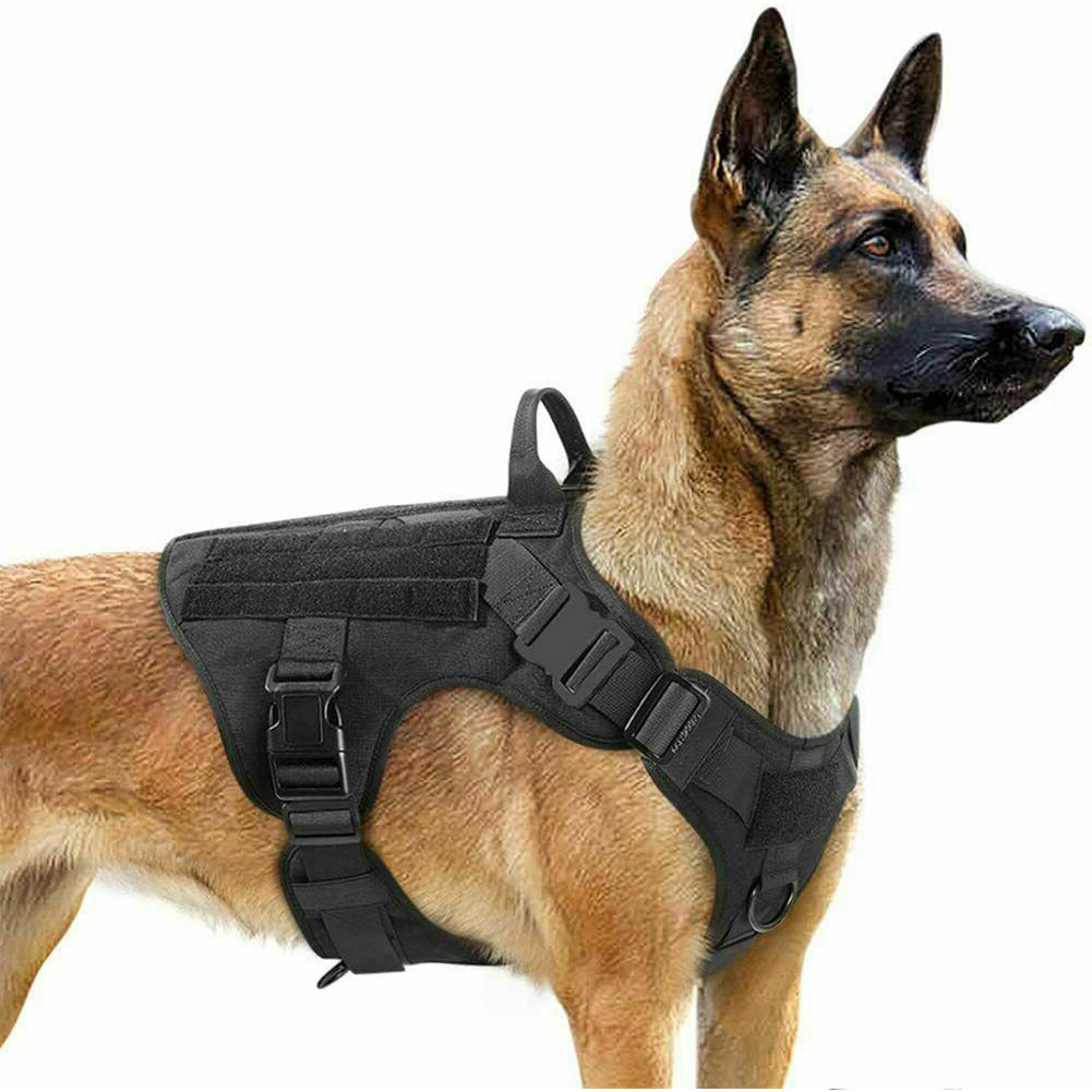 Harnais tactique militaire K9 en nylon 1050D noir pour chien avec poignée de contrôle et sangles ajustables.