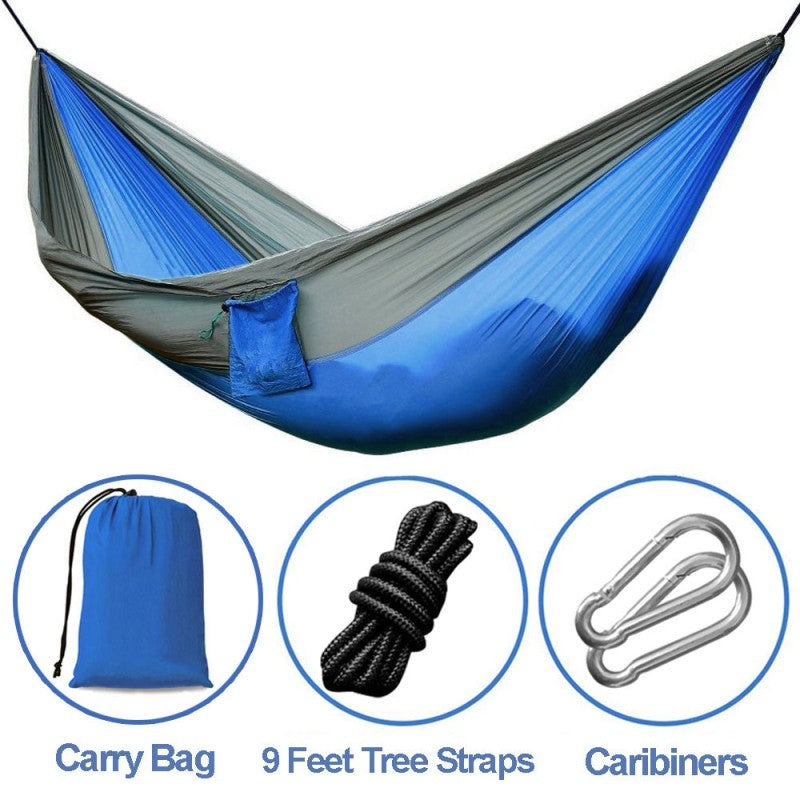 Hamac de randonnée bleu et gris en nylon parachute avec accessoires