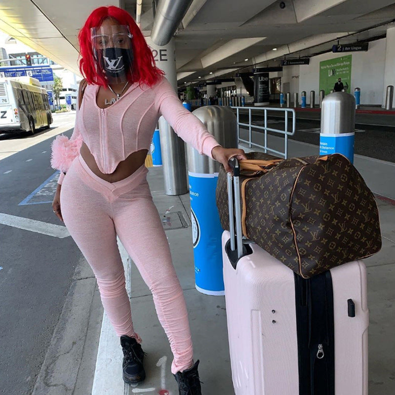 Joskaa à manches longues solide Cardigan à capuche, costume femmes deux-pièces