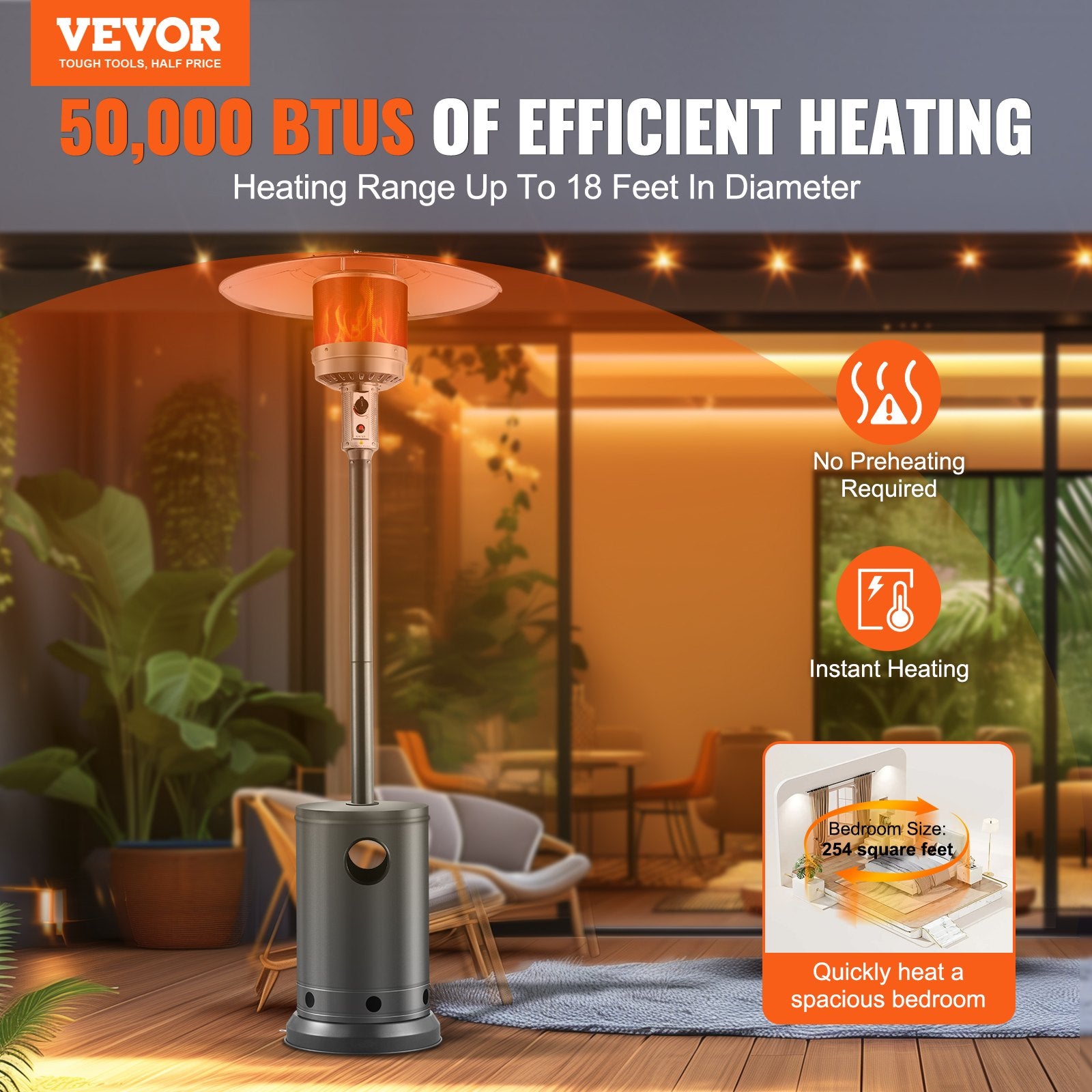 Patio Heater For Outdoor Use, 50000BTU Propane, Metal Burner And Wheels, Patio Flame Heater For Patio, Party, Backyard, Garden, Silver Gray