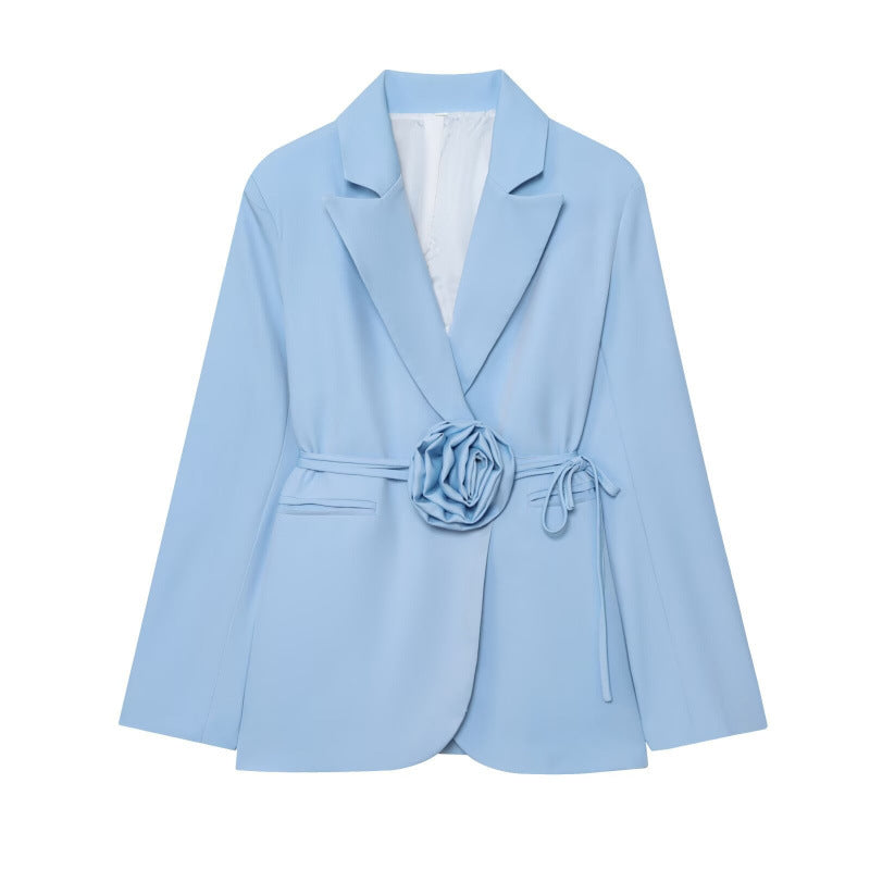 Womens Loose-Fit Lace-Up Blazer With 3D Floral Embellishments