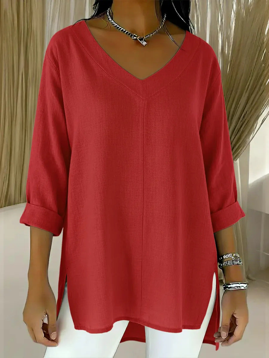 Street-style Solid-color V-neck Loose-fitting Top