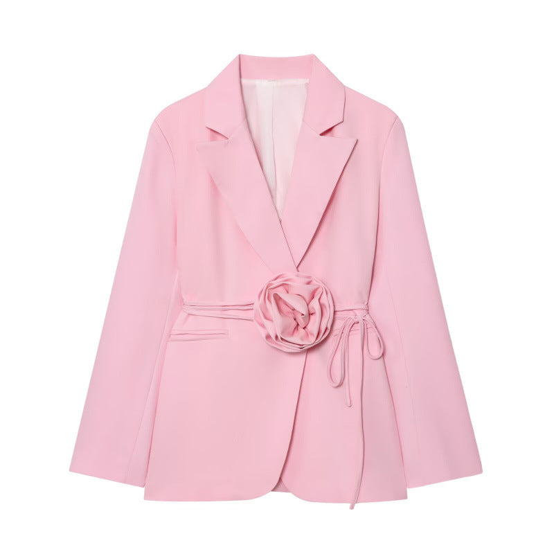 Womens Loose-Fit Lace-Up Blazer With 3D Floral Embellishments