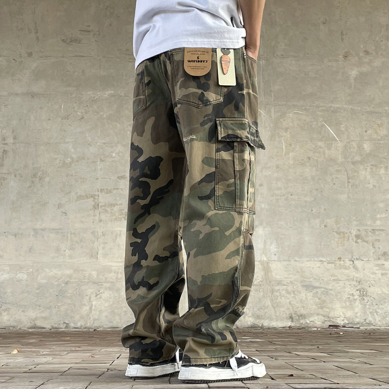 Mens American-style Streetwear Retro Loose Straight-fit Camouflage Work Pants