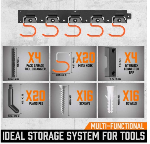 Organisateur d'Outils Mural Robuste en Métal - Support 5 Crochets et Vis Incluses
