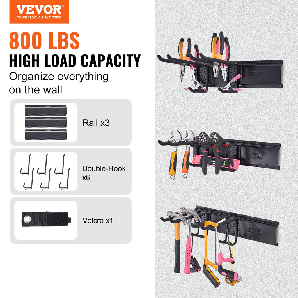 Garage Tool Organizer, 362.9 Kg Max Load Capacity, Wall Mount Yard Garden Storage Rack Organization Heavy Duty With 6 Adjustable Hooks And 3 Rails, For Garden Tools, Shovels, Trimmers, And Hoses