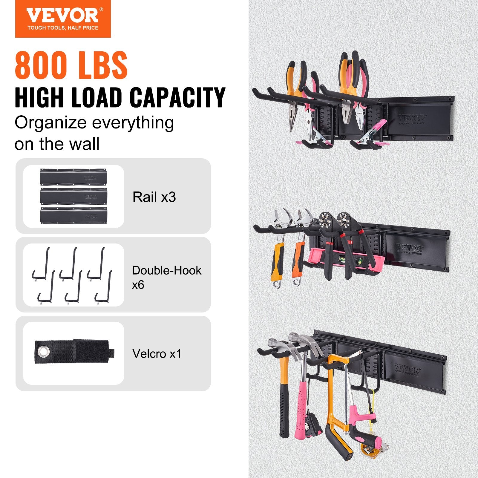 Garage Tool Organizer, 362.9 Kg Max Load Capacity, Wall Mount Yard Garden Storage Rack Organization Heavy Duty With 6 Adjustable Hooks And 3 Rails, For Garden Tools, Shovels, Trimmers, And Hoses