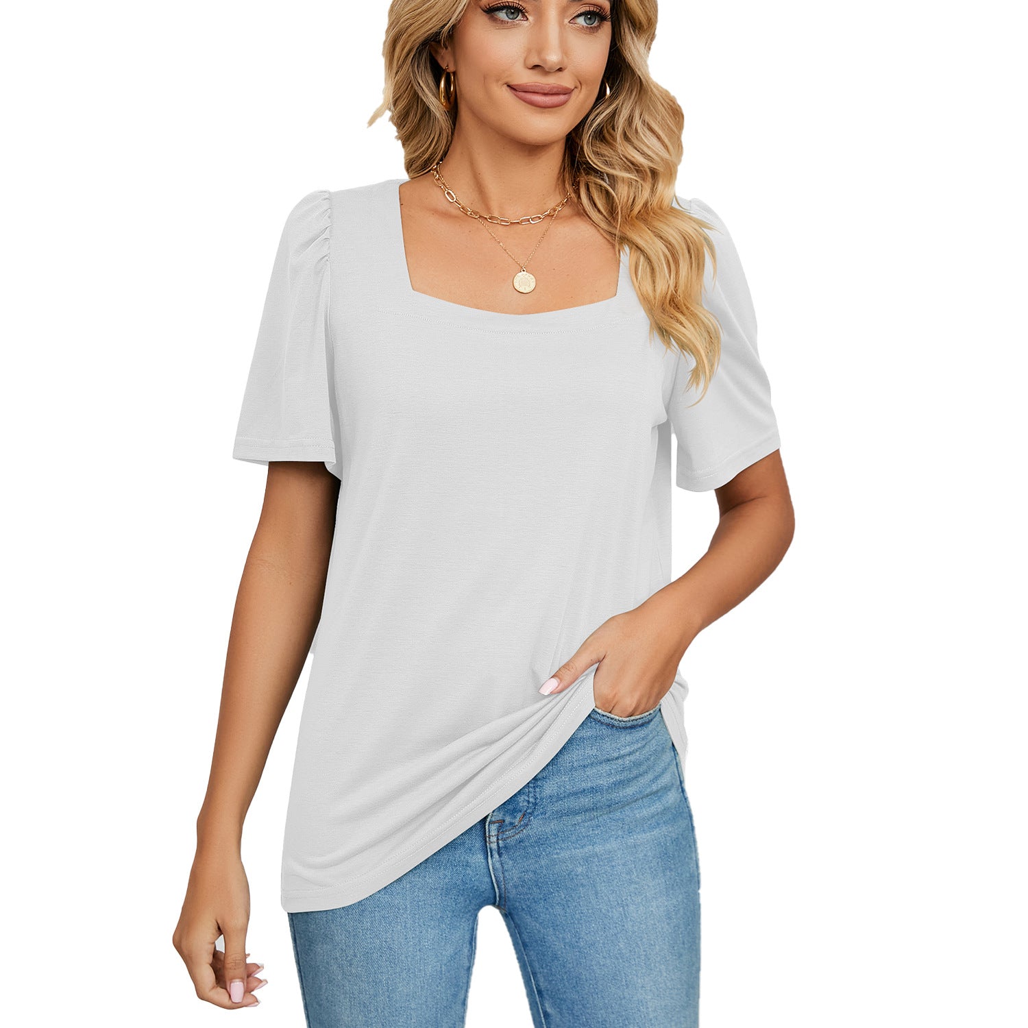 Solid-color Square-neck Short-sleeve Loose-fit T-shirt Knitted Top