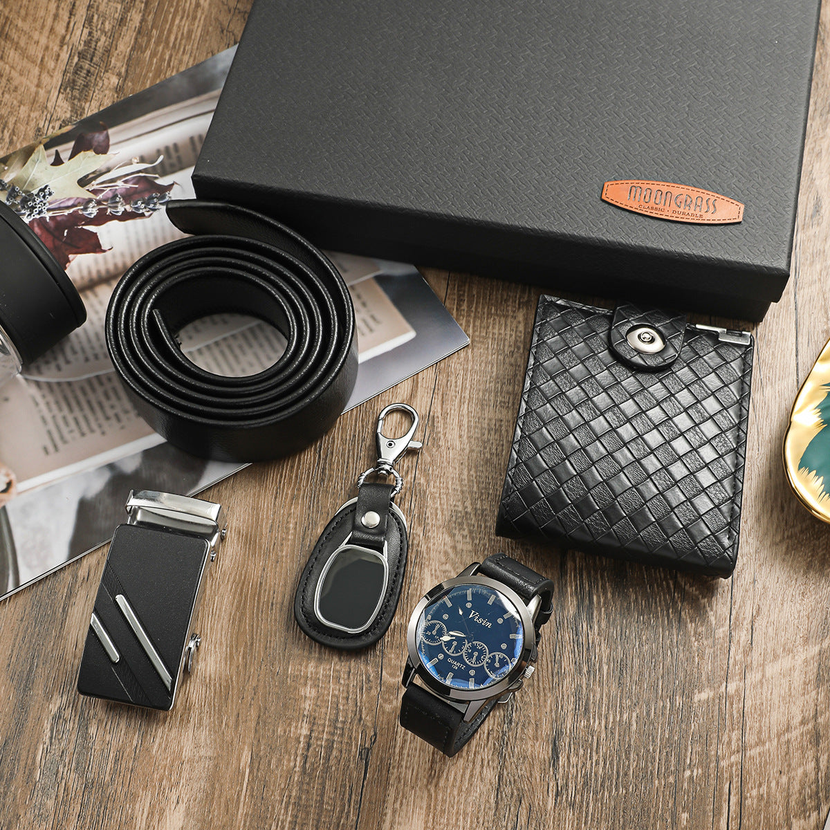 Mens Watch Wallet Belt And Keychain Set