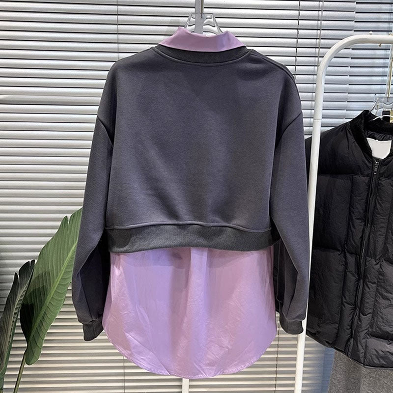 Spring New Solid-Color Lapel Shirt Asymmetrical Cropped Sweatshirt Two-Piece Set