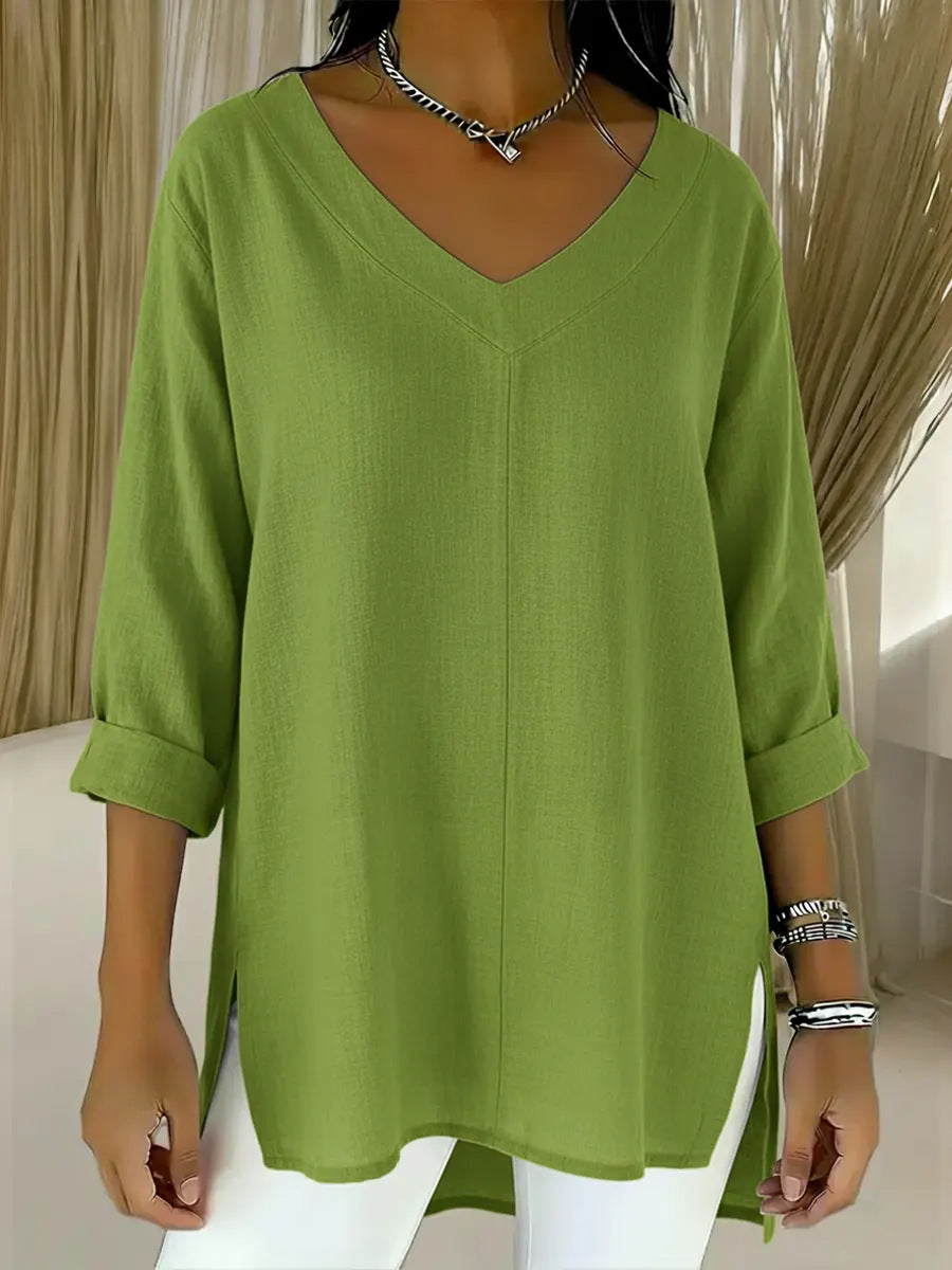 Street-style Solid-color V-neck Loose-fitting Top