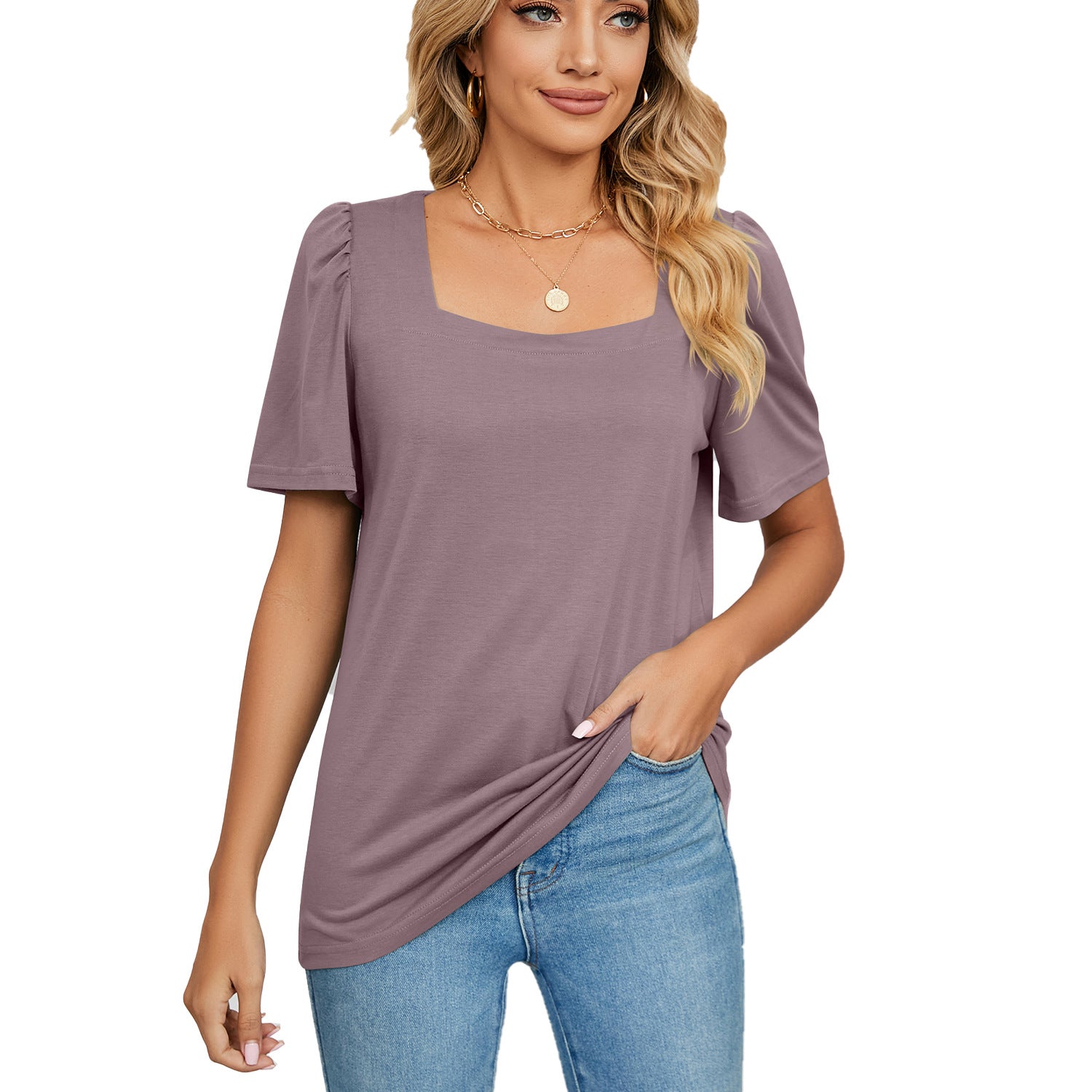 Solid-color Square-neck Short-sleeve Loose-fit T-shirt Knitted Top
