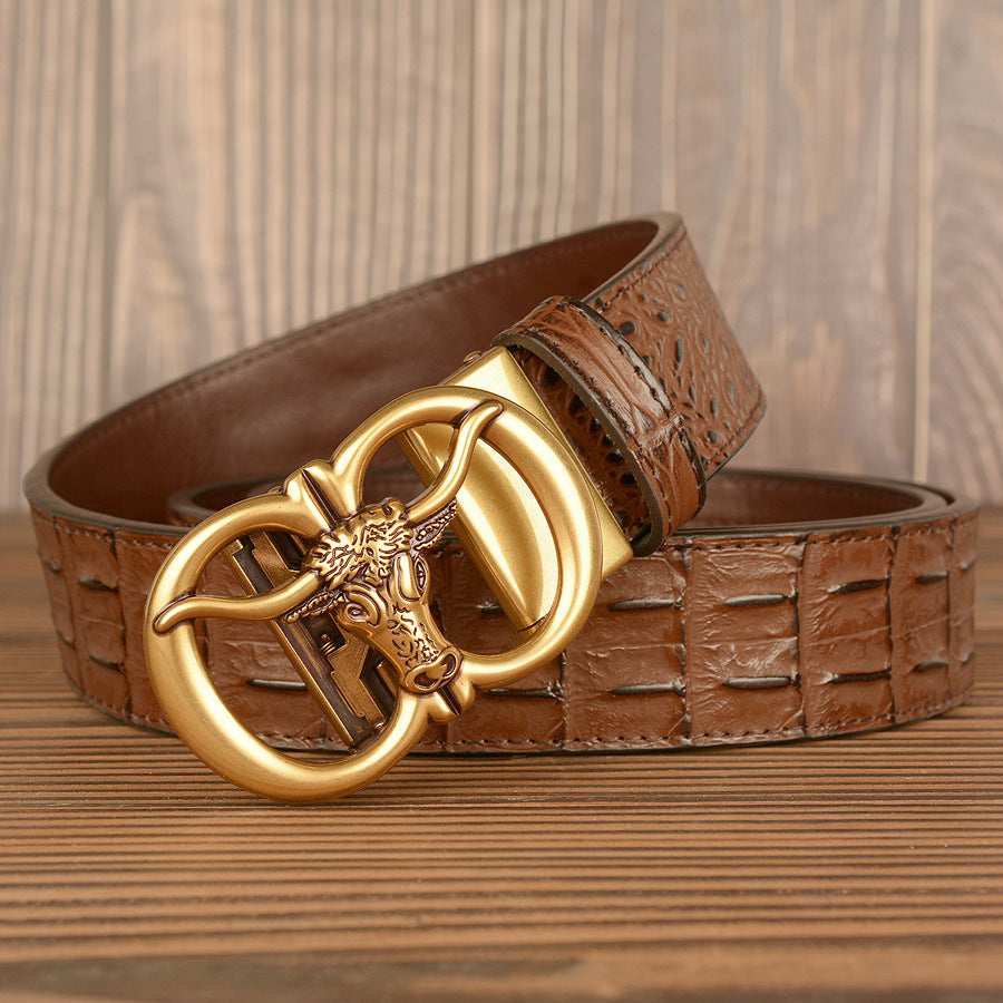 Mens Retro Ox-Head Automatic-Buckle Belt