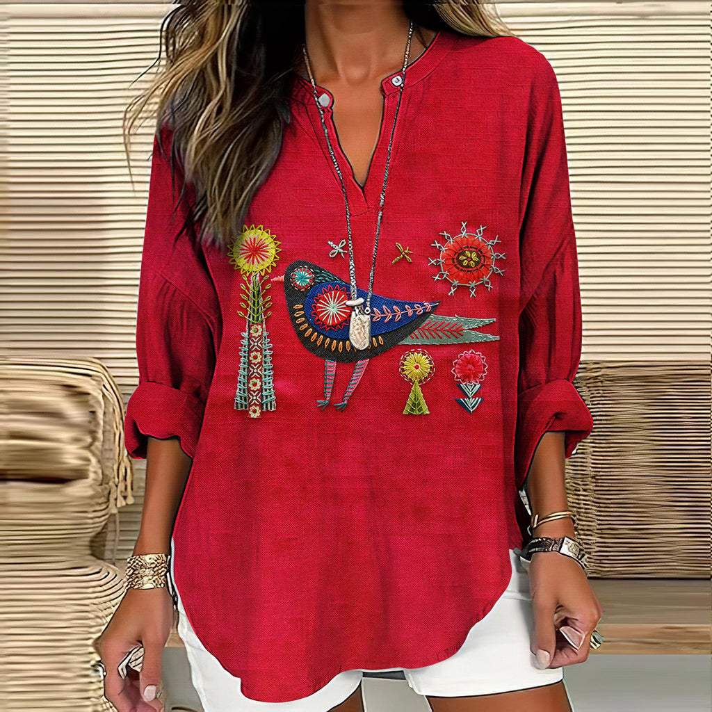 Womens Creative Printed V-Neck Long-Sleeve T-Shirt
