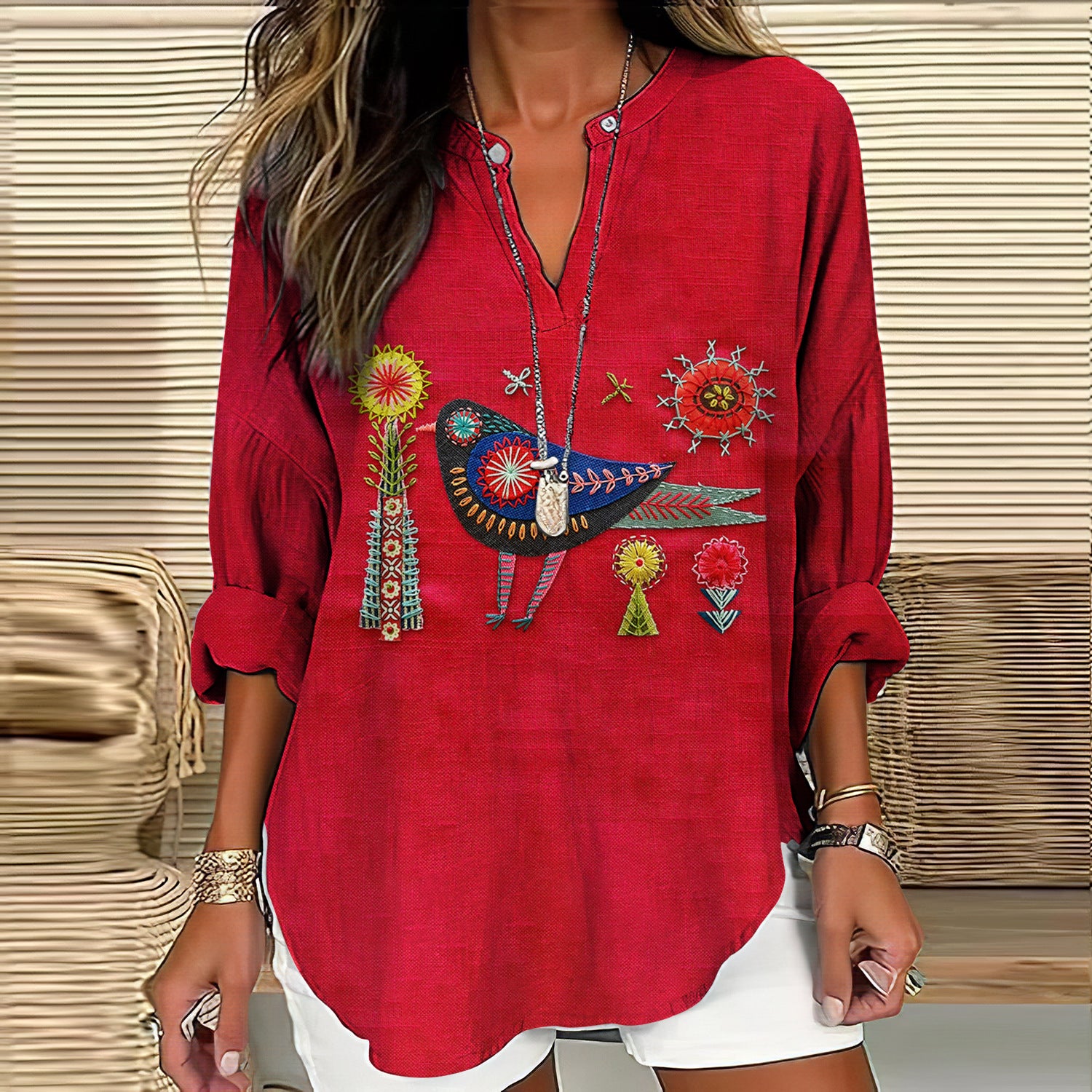 Womens Creative Printed V-Neck Long-Sleeve T-Shirt