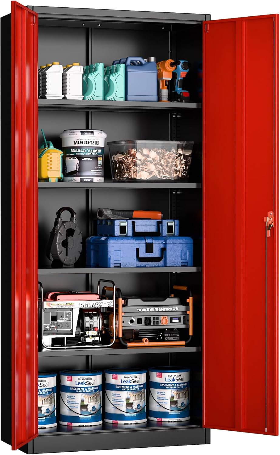 SUPEER Filing Cabinet, Metal Cabinet With 4 Height-Adjustable Shelves, Sheet Steel Powder Coating, Steel Cabinet For Tools, Garage, 180 X 80 X 40 Cm Black Red