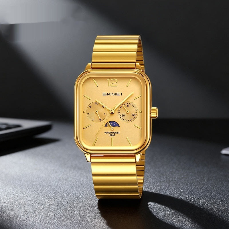 Stylish Multifunctional Square Watch With A Six-hand Moon Phase Display Designed For Business And Featuring Water Resistance