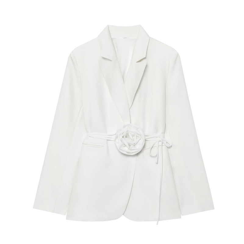 Womens Loose-Fit Lace-Up Blazer With 3D Floral Embellishments