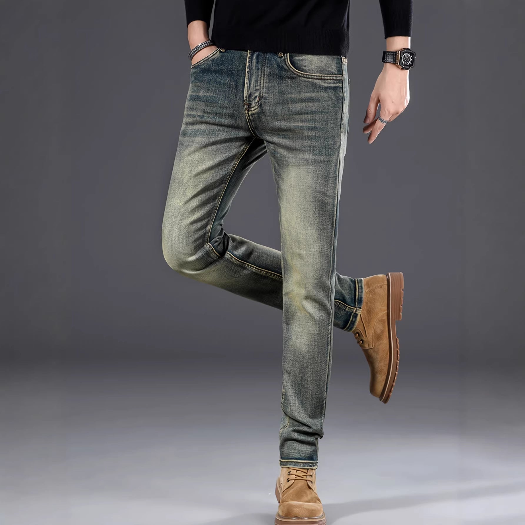Mens Casual Stretch Slimming Retro Blue Skinny Jeans