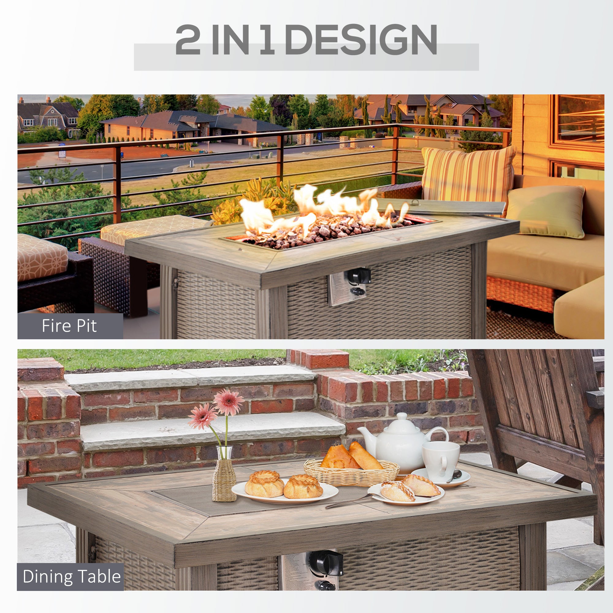 Propane Fire Pit Table, 30,000 BTU, Ceramic Tabletop, Lava Rocks And Rain Cover, CSA Certification, Gray