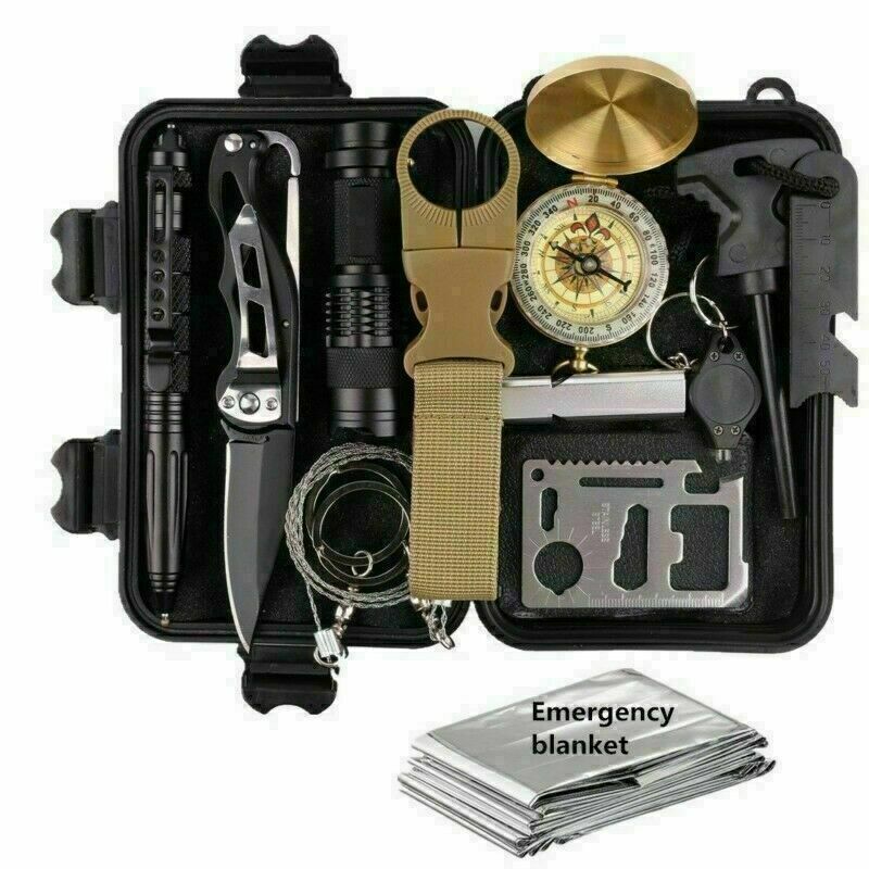 Trousse de Survie d'Urgence 14-en-1 – Kit Tactique Complet avec Boîtier Antichoc