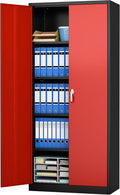 SUPEER Filing Cabinet, Metal Cabinet With 4 Height-Adjustable Shelves, Sheet Steel Powder Coating, Steel Cabinet For Tools, Garage, 180 X 80 X 40 Cm Black Red