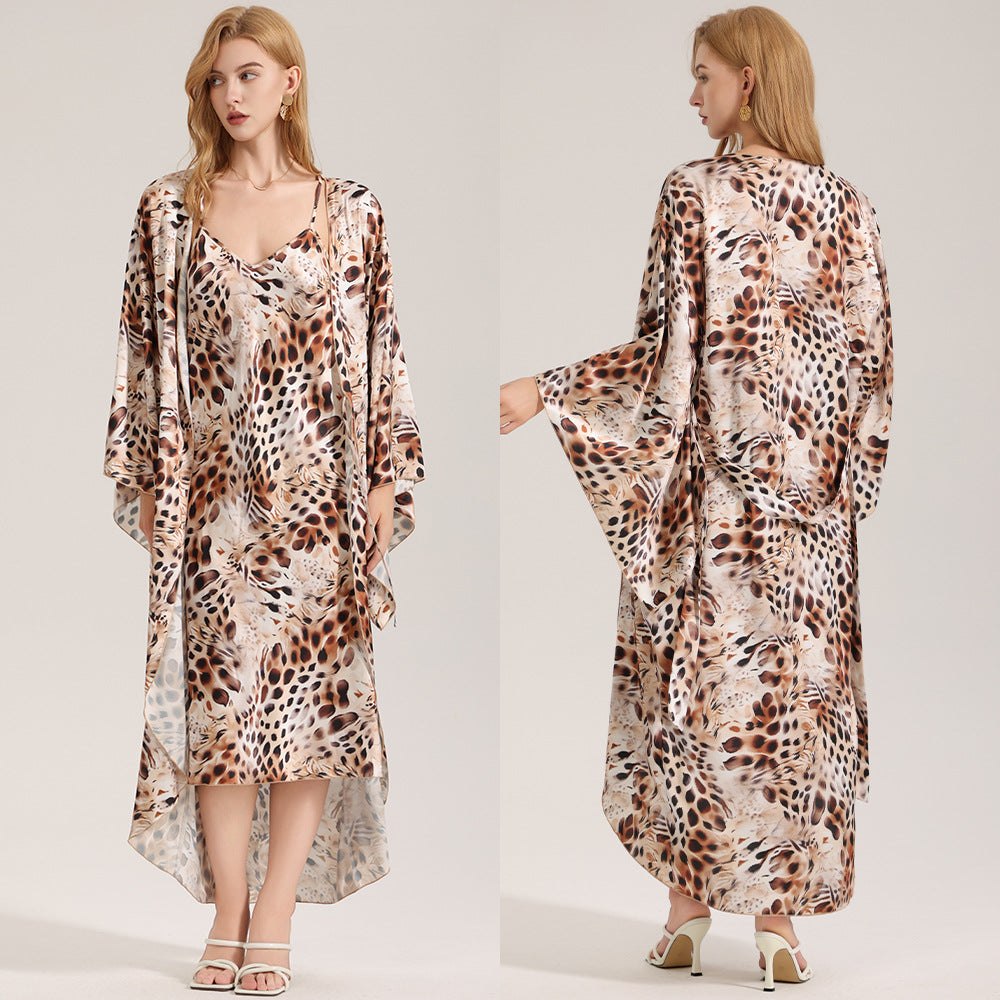 Elegant Printed Satin Chiffon Camisole Robe Spring Summer Two-Piece Set