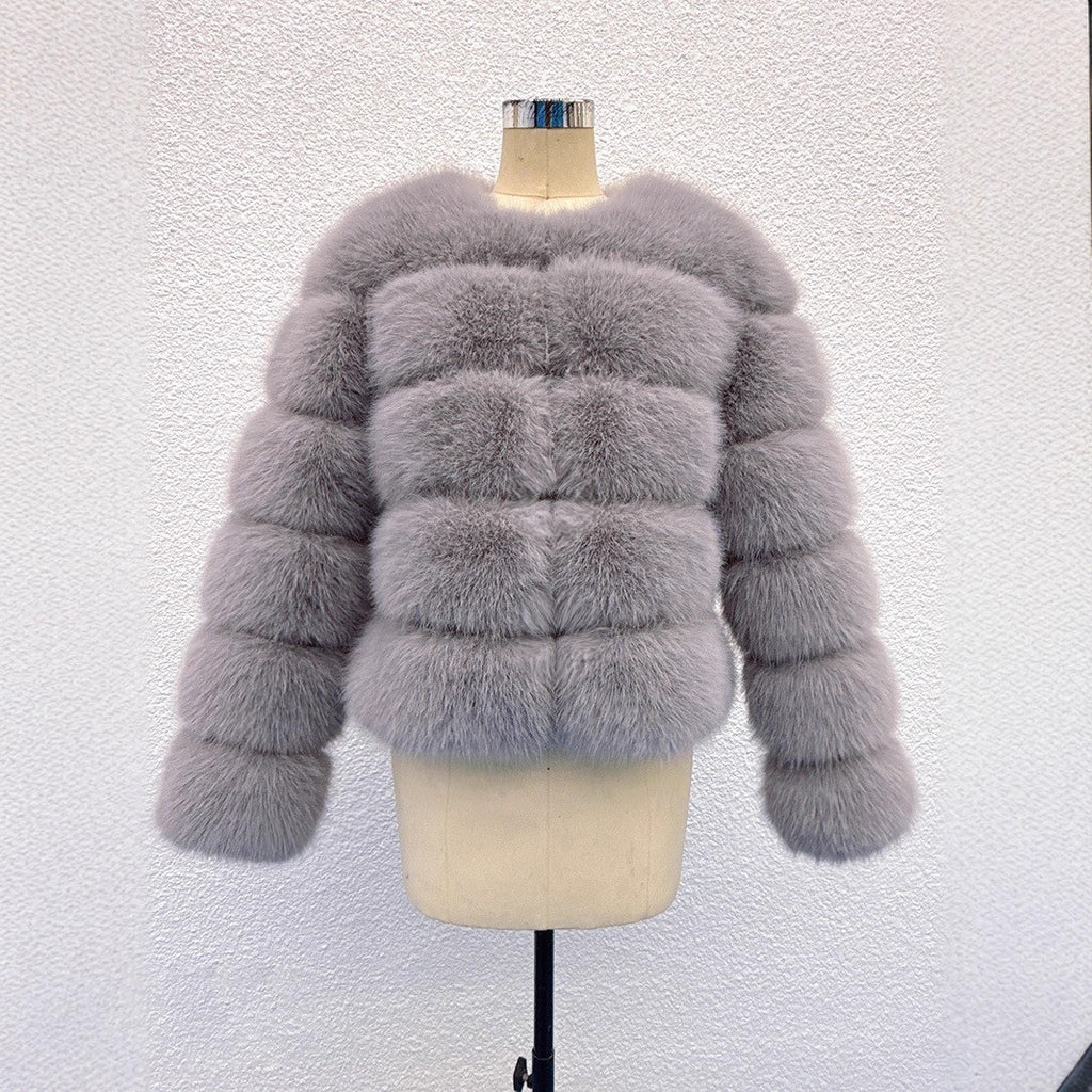 Faux Fox-fur Patchwork Winter Coat With Long Sleeves For Extra Warmth And Insulation