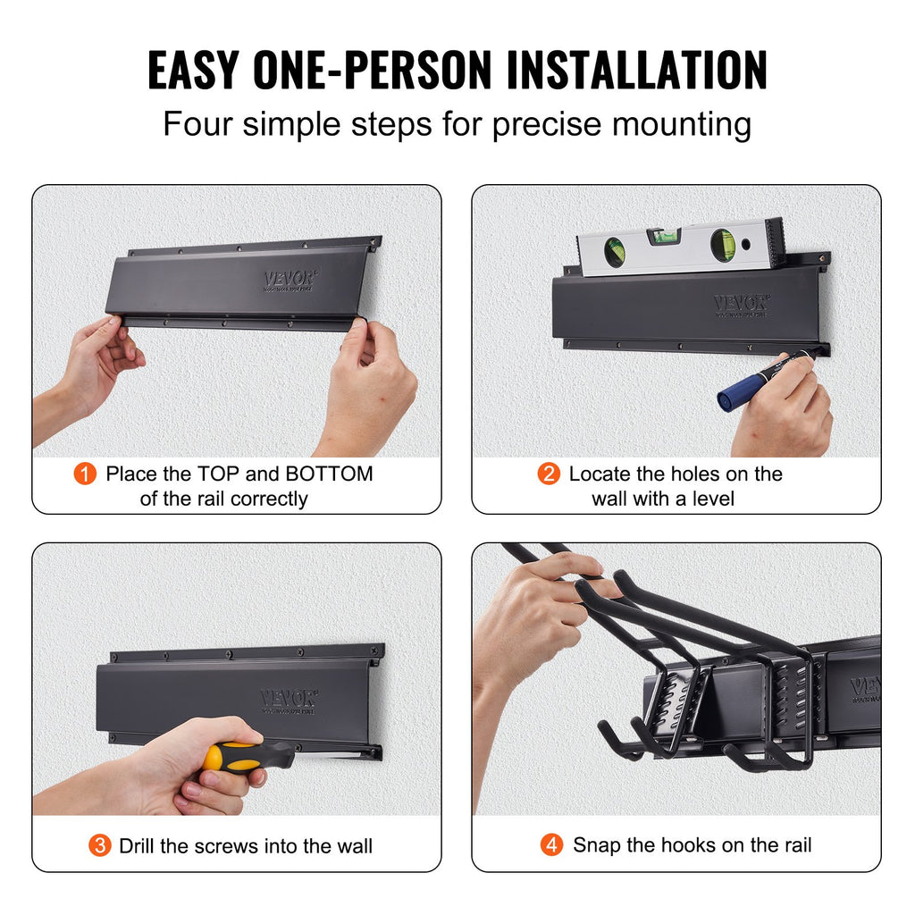 Garage Tool Organizer, 362.9 Kg Max Load Capacity, Wall Mount Yard Garden Storage Rack Organization Heavy Duty With 6 Adjustable Hooks And 3 Rails, For Garden Tools, Shovels, Trimmers, And Hoses
