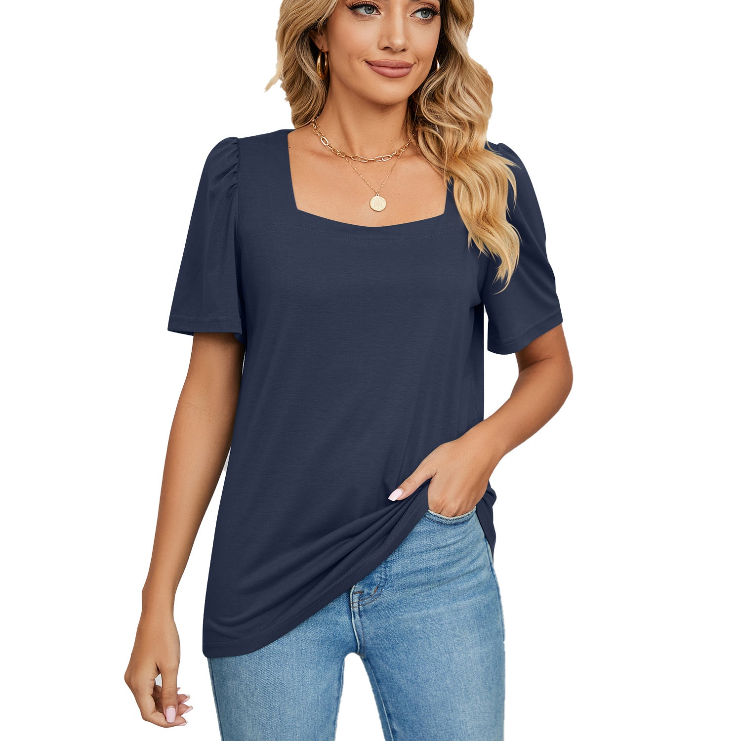 Solid-color Square-neck Short-sleeve Loose-fit T-shirt Knitted Top