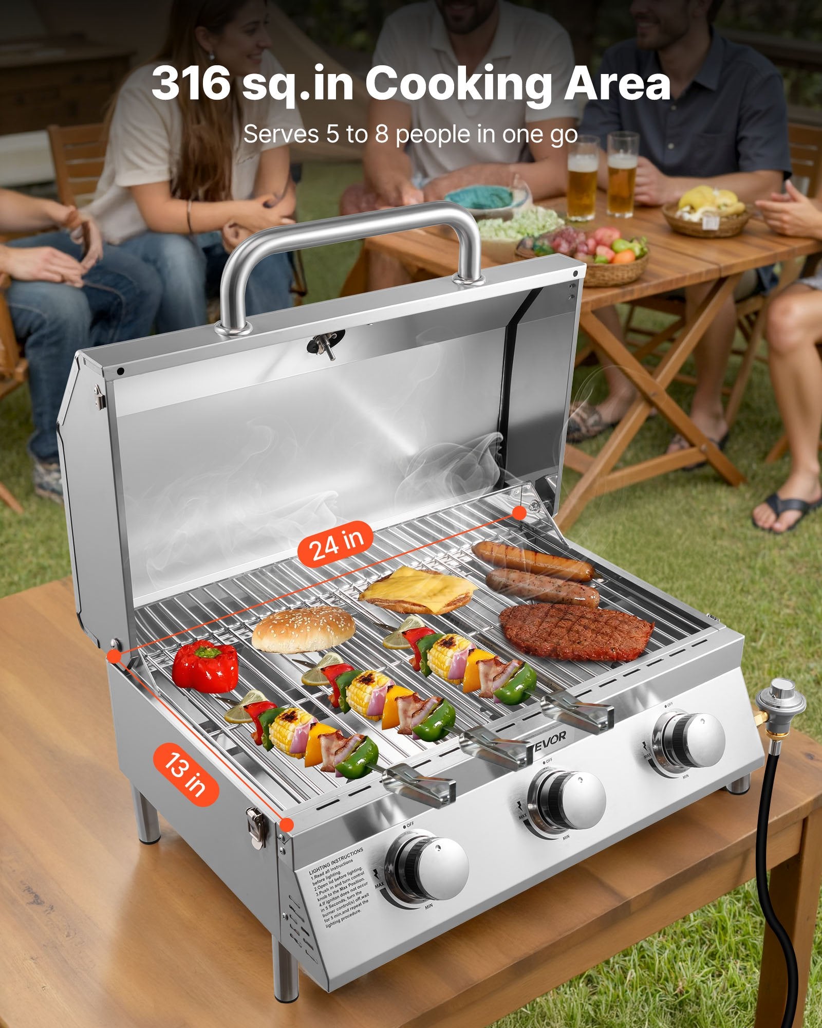 Outdoor Tabletop Gas Grill, 3-Burner Stainless Steel Portable Propane Grill, 22,500 BTU