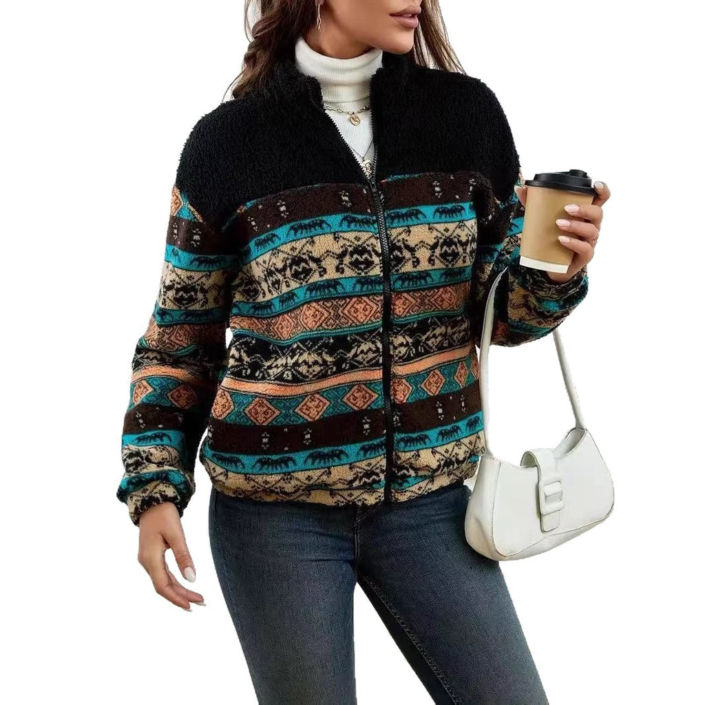 Double-sided Plush Stand-up Collar Zip-up Cardigan For Fall And Winter