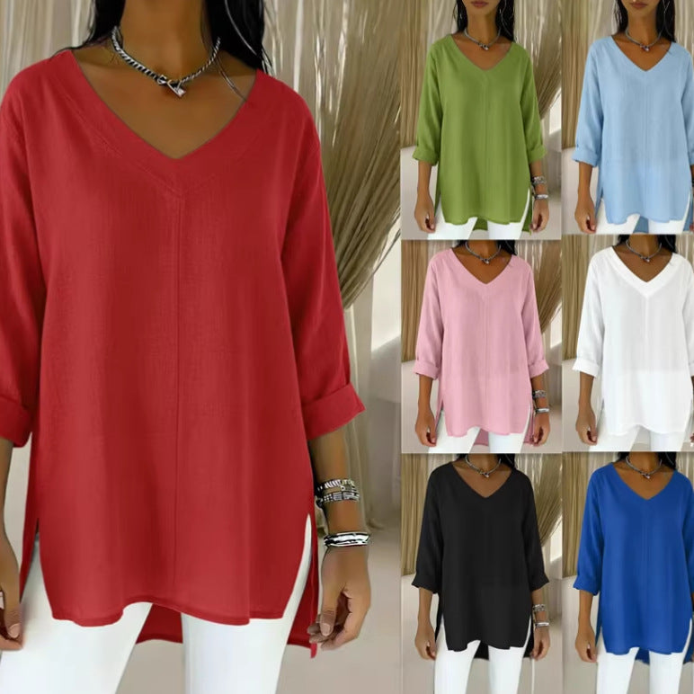 Street-style Solid-color V-neck Loose-fitting Top
